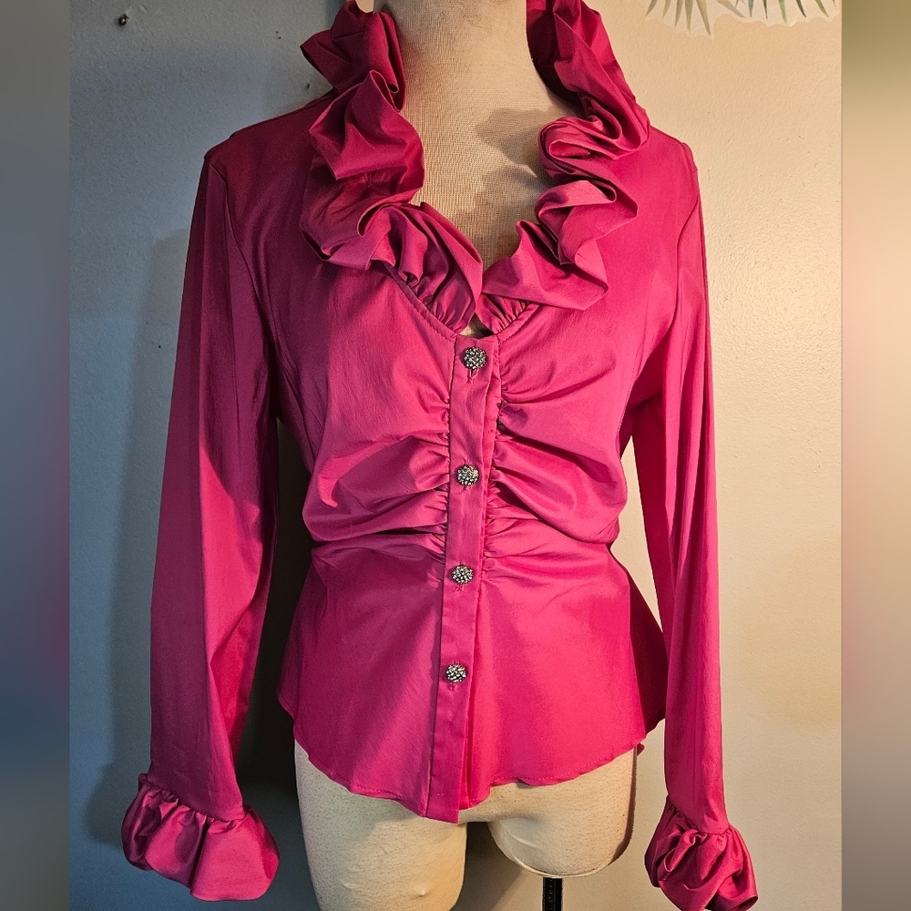 Joseph Ribkoff, Pink Ruffle Button Down Blouse.Bling Buttons.Long Sleeve, Sz 14 - Picture 12 of 12